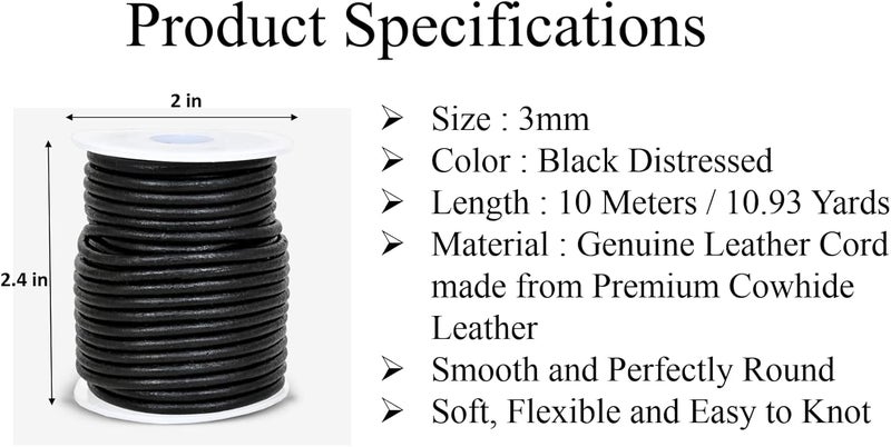 GENIQUE Real/Genuine Round Leather String Cord for Necklace, Bracelets, Jewellery, Braiding (3mm, Black Distressed) - Image 3